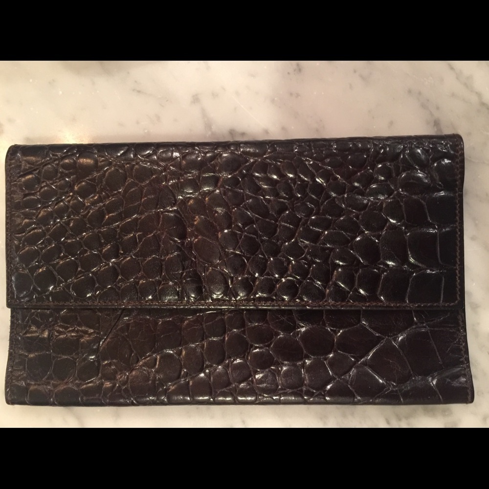 Furla brown leather croc trifold wallet 7” x 4.5”